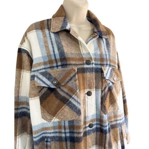 Zara Woman's Sz XS Blue Brown Plaid Wool Blend Italian Fabric Jacket Shacket - Picture 3 of 11
